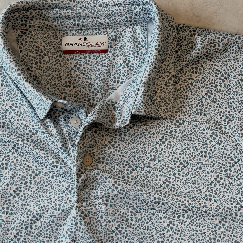 GrandSlam Performance Men's L Teal Gray White Geometric Golf Athletic Polo Shirt